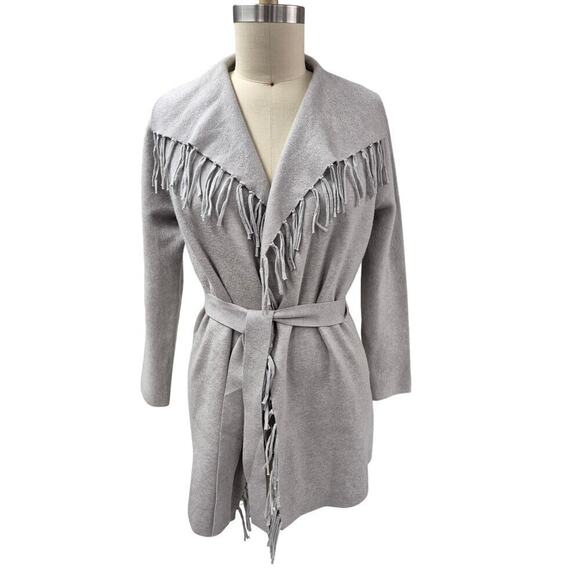 Nicole Miller New York Rayon Blend Gray Long Cardigan Belted Fringe Sz L - Picture 4 of 8